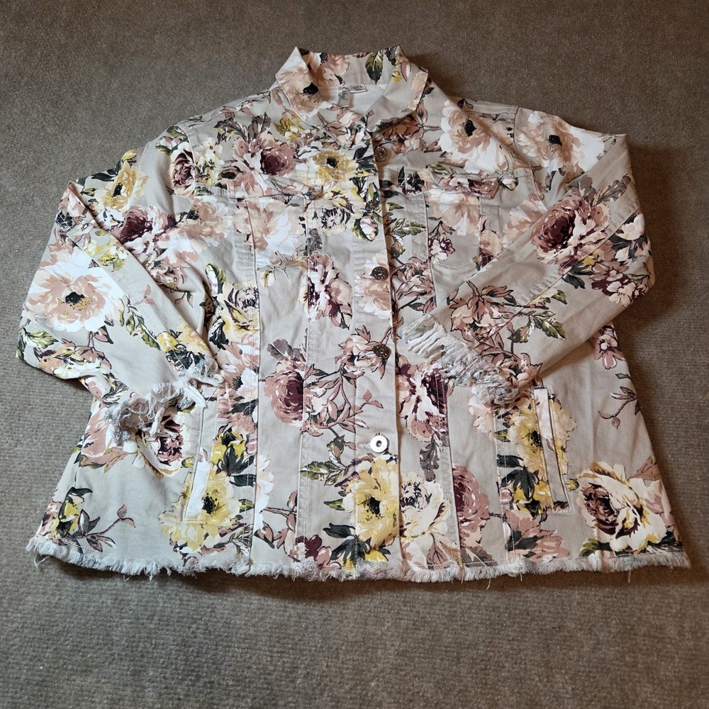 Ethyl Floral Print Denim Style Jacket Tan Rose Yellow Frayed Hem Women XL